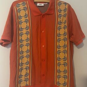 Obey Men's Rust Orange Polo with Mustard and Navy Panel Stripes